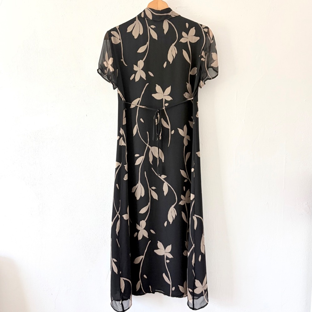 Robbie Bee Dress Womens 4P Black Tan Floral Silk Button Front Midi Shirt Dress - Picture 4 of 7